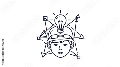 Illustration of a person wearing a hard hat with a lightbulb symbolizing an idea, surrounded by geometric shapes and lines.