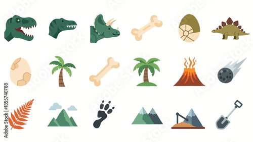 A vibrant collection of dinosaur-themed icons, featuring various prehistoric creatures, fossils, plants, and geological events.