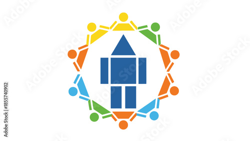 Abstract representation of a person or robot figure with an upward arrow, surrounded by a circle of diverse people holding hands.