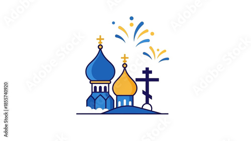 Illustration of Orthodox Christian church domes with a cross and fireworks, symbolizing celebration and faith.