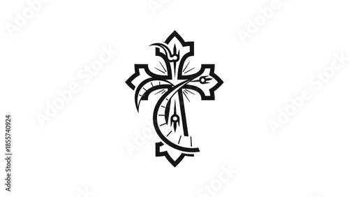 Intricate black and white illustration of an ornamental Christian cross with a stylized lily and intertwined crescent design.