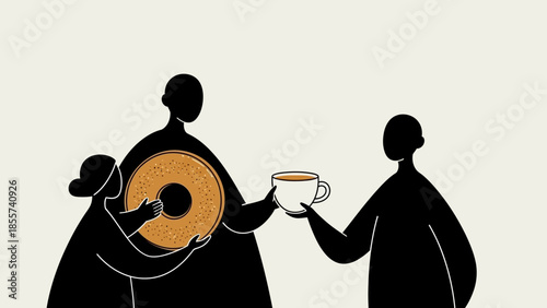 Three minimalist figures sharing a large bagel and a cup of coffee, representing community and hospitality in a simple graphic style.