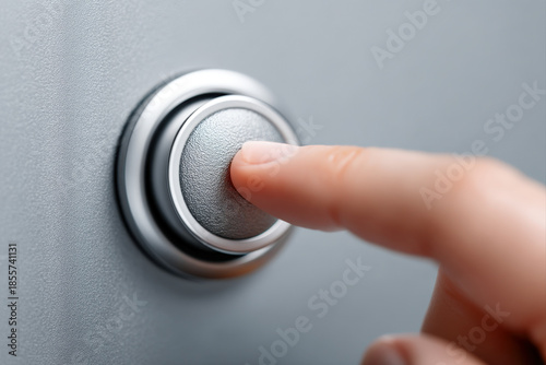 Hand pointer pressing circular button icon, decisive action and leadership control concept