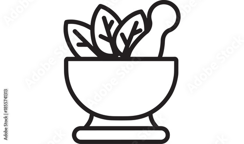Simple line art of mortar and pestle with leaves on transparent background silhouette