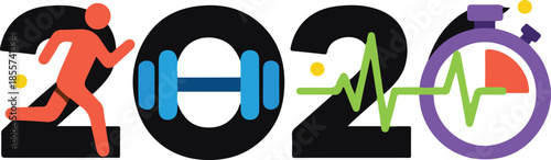 2026 Fitness and Health Typography with Stopwatch and Gym Elements