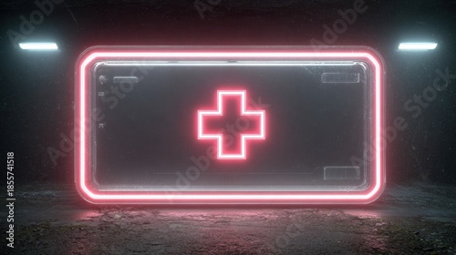Futuristic Neon Medical Cross Sign in Dark Industrial Setting with Glowing Pink Lights