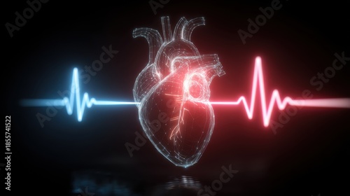 Digital Heartbeat: Futuristic 3D Render of a Heart with Neon Pulse Lines in a Dark Background