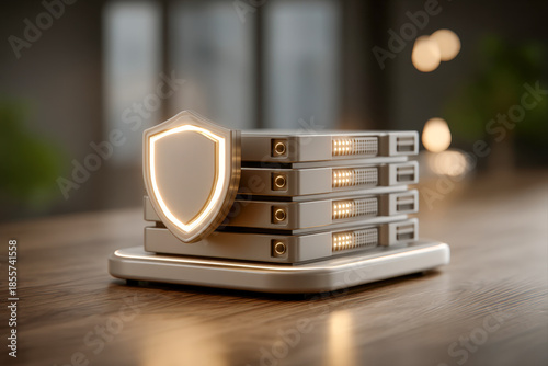 3D server block with shield badge icon, endpoint security protection on neutral background