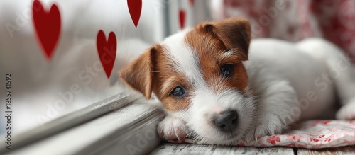 Adorable Puppy with Heart Decorations Celebrating Valentine's Day in a Cozy Setting