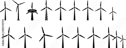 Wind turbine icon set, three-blade silhouettes, black vector energy symbols, infrastructure design elements, renewable power illustration, horizontal axis turbines