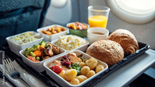Full Airplane Tray Meal with Chicken, Vegetables, Rice, Croissant, and Orange Juice on a Flight