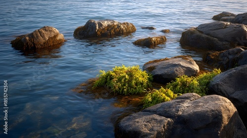 Rocks and vibrant green seaweed submerged in clear blue ocean water with gentle ripples under soft twilight sunlight