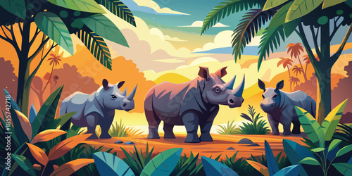 Beautiful postcard  three Javanese rhinoceros at the sunset landscape, best for any design needs