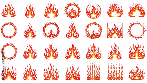 Fire flame vector set, burning campfire and bonfire silhouettes, hot orange gas blaze icons for heat and energy graphic design,
