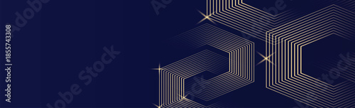 Premium luxury dark blue abstract background. Golden shiny hexagonal lines pattern. Background design for banner, wallpaper, presentation. Vector illustration