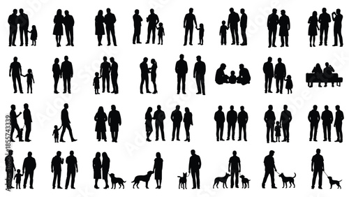 PLarge set of family silhouettes, parents with children, couples walking dogs, groups of people socializing and standing in various poses,int