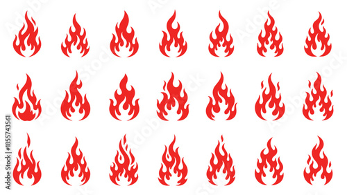Large set of red fire flame icons and flat burning elements in various shapes and minimalist styles isolated on white