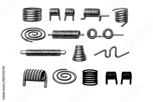 Collection of diverse metal springs on a grey background