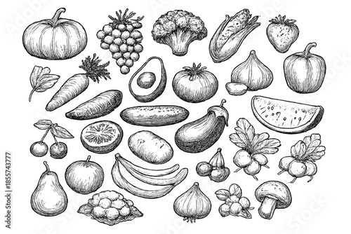 Black and White Sketch of Assorted Fruits and Vegetables