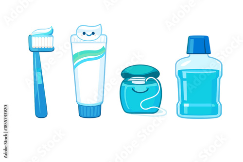 Cute cartoon dental hygiene items with glowing effect