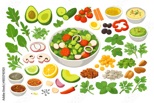 Fresh Salad Ingredients Scattered Around a Bowl of Salad