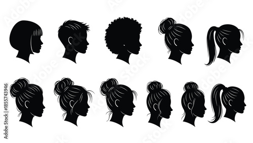 Set of black female head silhouettes and different woman hairstyle collection with ponytail bun curly and short hair isolated on white