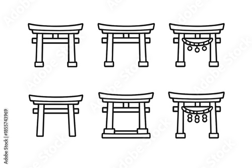 Collection of six stylized Torii gates against a gradient background