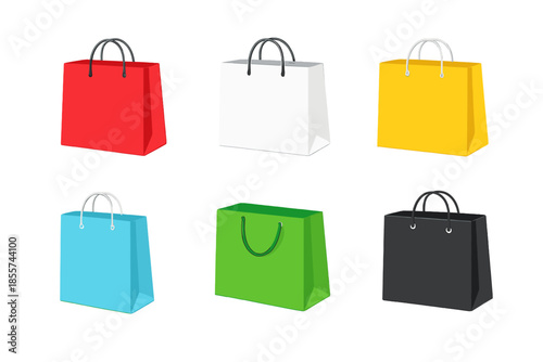 Six colorful shopping bags glowing with light