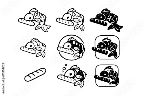 Cartoon Fish Eating Bread Icon Set