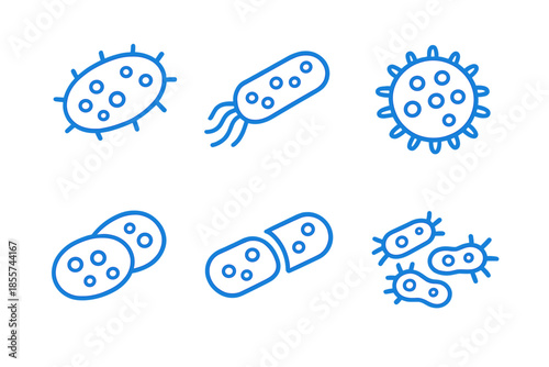 Collection of blue outlined viruses and bacteria on a dark background