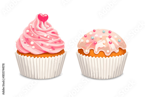 Two delicious cupcakes with pink frosting and sprinkles