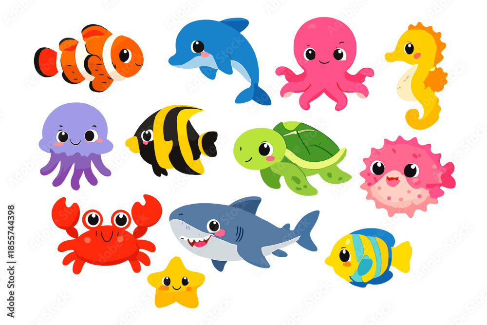 Fototapeta premium Cute Cartoon Sea Creatures with Glowing Aura