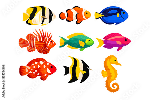 Colorful cartoon fish and seahorse on a gradient background