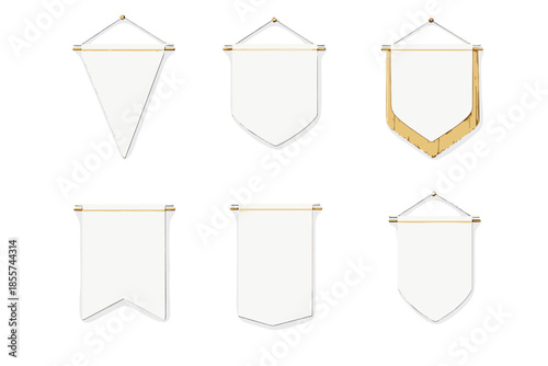 Collection of blank white pennants hanging on a wall