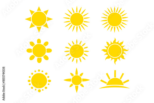 Collection of yellow sun icons on a gradient background