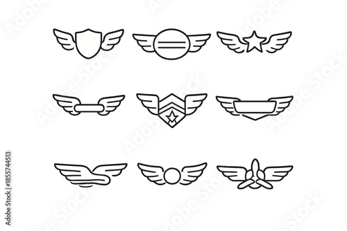 Set of 9 stylized wings and emblem icons
