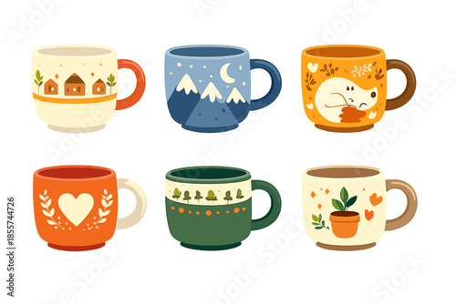 Six Cozy Mugs with Cute Illustrations