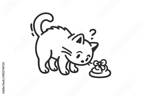 Confused cartoon cat looking at a bow