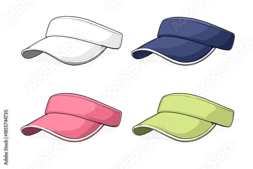 Four colorful visor caps on a gradient background