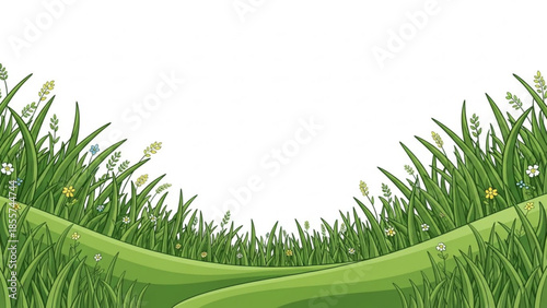 Green rolling hills and grass with small wildflowers a winding path through a meadow perfect for nature and spring themes