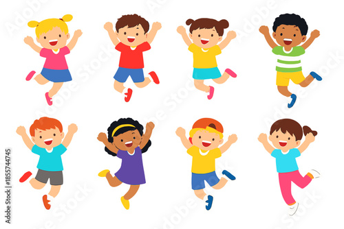 Diverse group of cheerful children jumping and celebrating