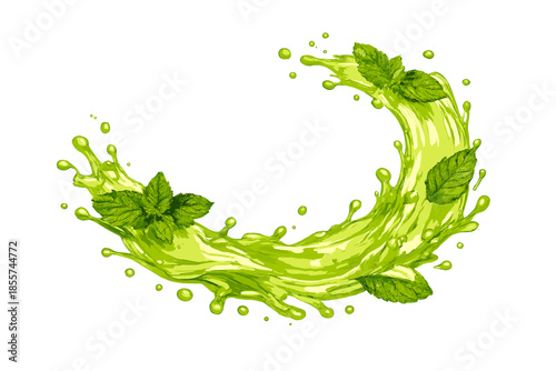 Refreshing Mint Splash with Leaves on Green Background
