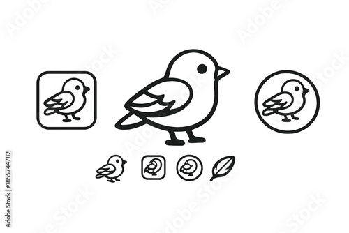 Collection of stylized bird icons and a feather