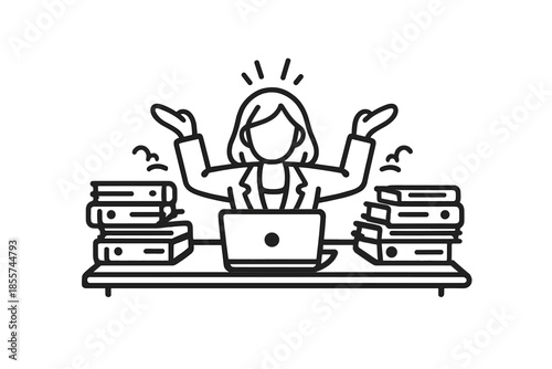 Overwhelmed woman at desk with stacks of books and laptop