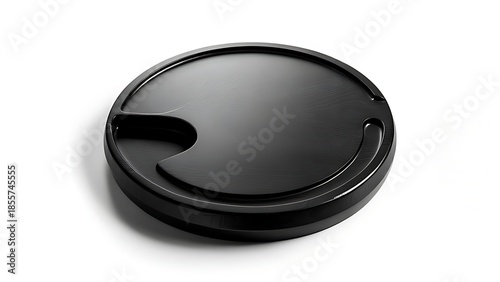 Sleek, circular, black object with a curved indentation on its side, reflecting light. Isolated against a white background