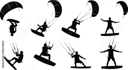 Kitesurfing silhouette collection, set of kiteboarders performing jumps and extreme water sport stunts, vector illustration isolated on white background for summer design.