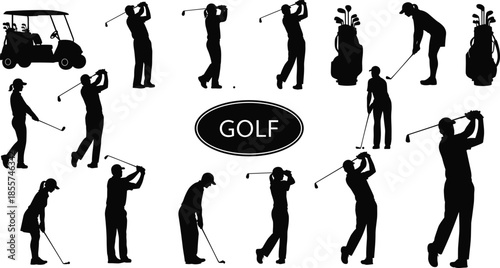 Large collection of golf player silhouettes, set of male and female golfers swinging clubs, golf cart, and equipment icons, vector illustration, isolated.