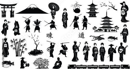 Large collection of Japanese culture silhouettes including geisha, samurai, pagoda, Mount Fuji, torii gate, and traditional elements, vector illustration isolated on white background.