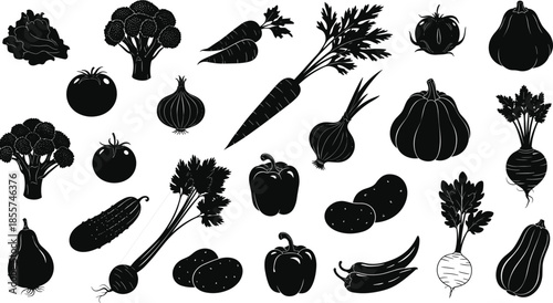 Large collection of organic vegetable silhouettes set, fresh healthy food icons including broccoli, carrot, tomato, pepper, and cucumber, vector illustration isolated on white.