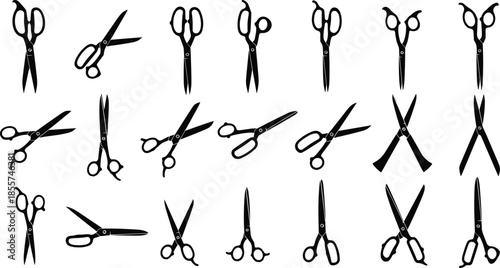 Large collection of professional scissor silhouettes, set of hair cutting shears, tailor tools, and office stationery icons, vector illustration isolated on white.